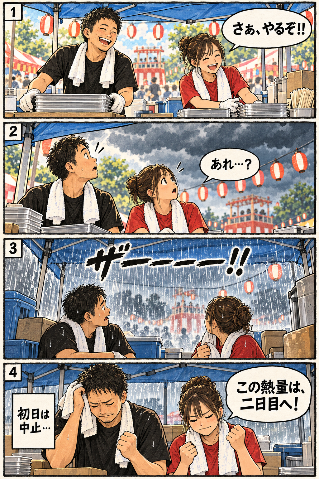 四コマ漫画。気合十分で準備するスタッフ。空に黒い雲が現れ、まさかの大雨で初日は中止。この熱量は二日目へ、と気持ちをつなぐ。