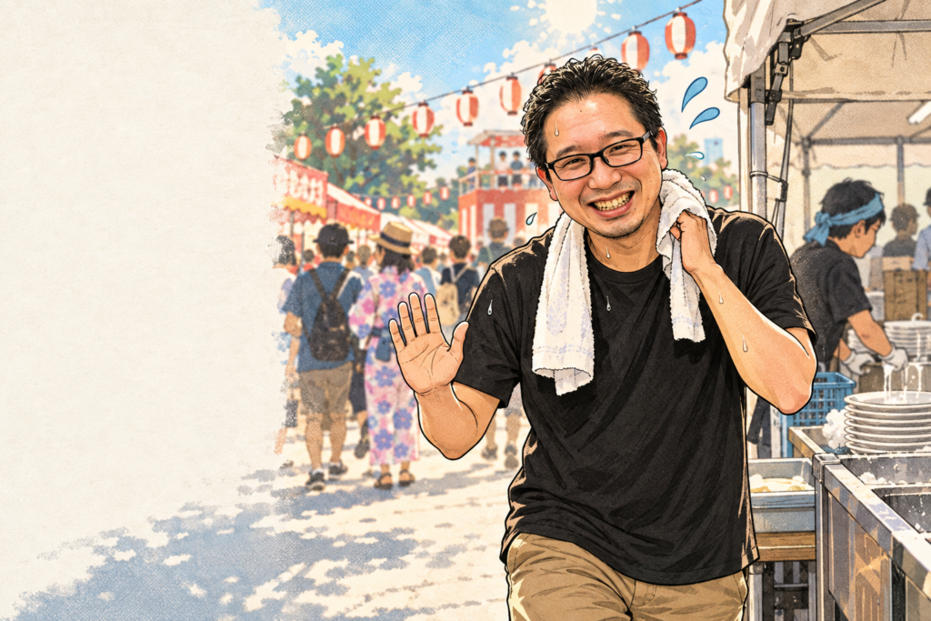 暑さで一度屋台を離れ、洗い物へ向かうK氏の漫画風イラスト